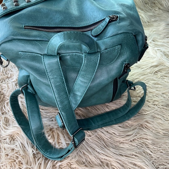ROULENS  Green Faux Leather Backpack Bag or purse with lots of zipper pockets main image 6